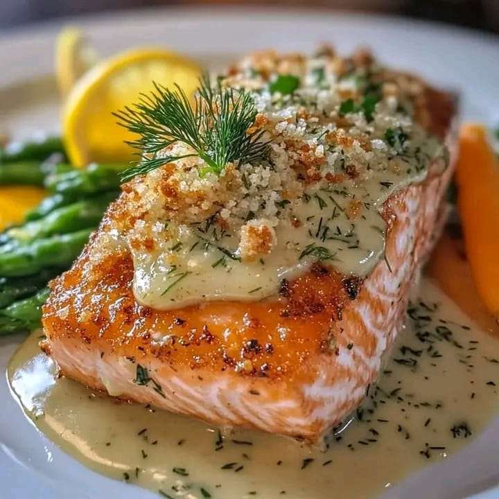 Herb-crusted salmon fillet served with lemon-dill sauce and garnished with fresh parsley.