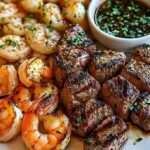 Skillet filled with tender steak bites and juicy shrimp coated in a rich garlic butter sauce, garnished with parsley.