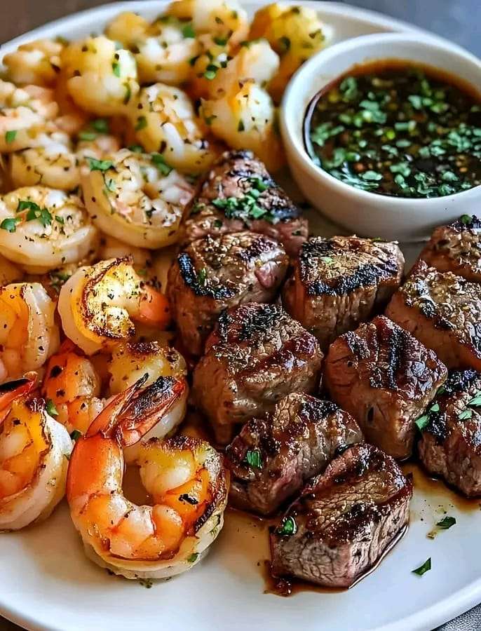 Skillet filled with tender steak bites and juicy shrimp coated in a rich garlic butter sauce, garnished with parsley.