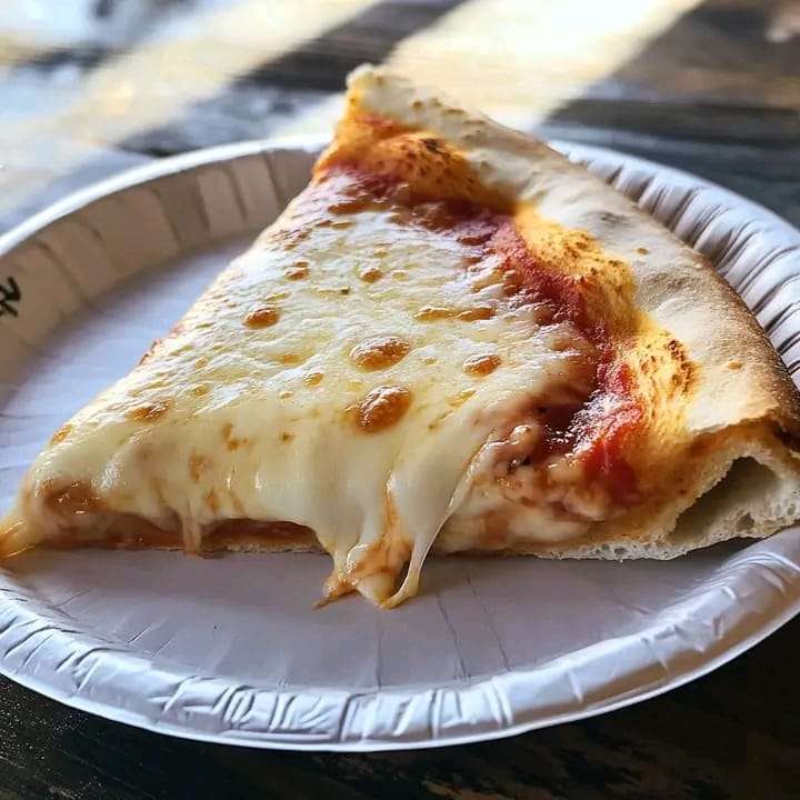 A golden slice of Classic Cheese Pizza with gooey mozzarella cheese and crispy edges.