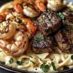 A plate of Cajun Shrimp and Steak Alfredo Pasta garnished with fresh parsley and Parmesan cheese.