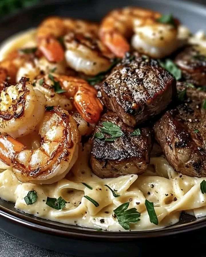 A plate of Cajun Shrimp and Steak Alfredo Pasta garnished with fresh parsley and Parmesan cheese.