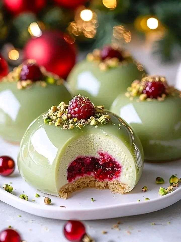 Elegant Pistachio and Raspberry Cheesecake Domes topped with crushed pistachios and edible gold leaf.