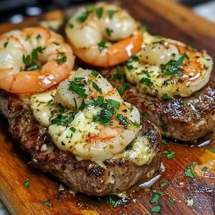 Juicy mozzarella-stuffed steak topped with garlic shrimp, garnished with fresh parsley.