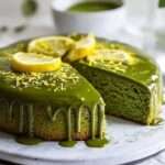 Matcha Lemon Drizzle Cake topped with lemon glaze and zest, showcasing vibrant green and yellow layers.