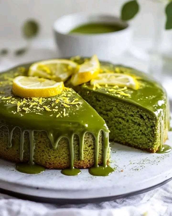 Matcha Lemon Drizzle Cake topped with lemon glaze and zest, showcasing vibrant green and yellow layers.