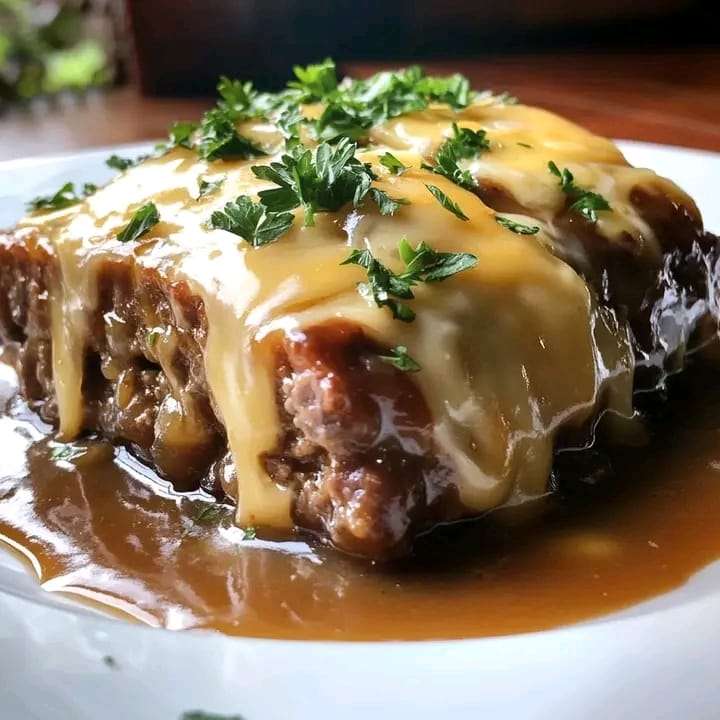 A plate of Cheesy Smothered Meatloaf topped with golden melted cheese and savory gravy, garnished with fresh parsley.