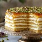 A decadent Pistachio Caramel Layer Cake topped with caramel drizzle and toasted pistachios.