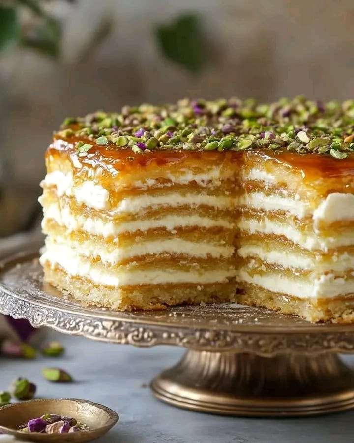 A decadent Pistachio Caramel Layer Cake topped with caramel drizzle and toasted pistachios.