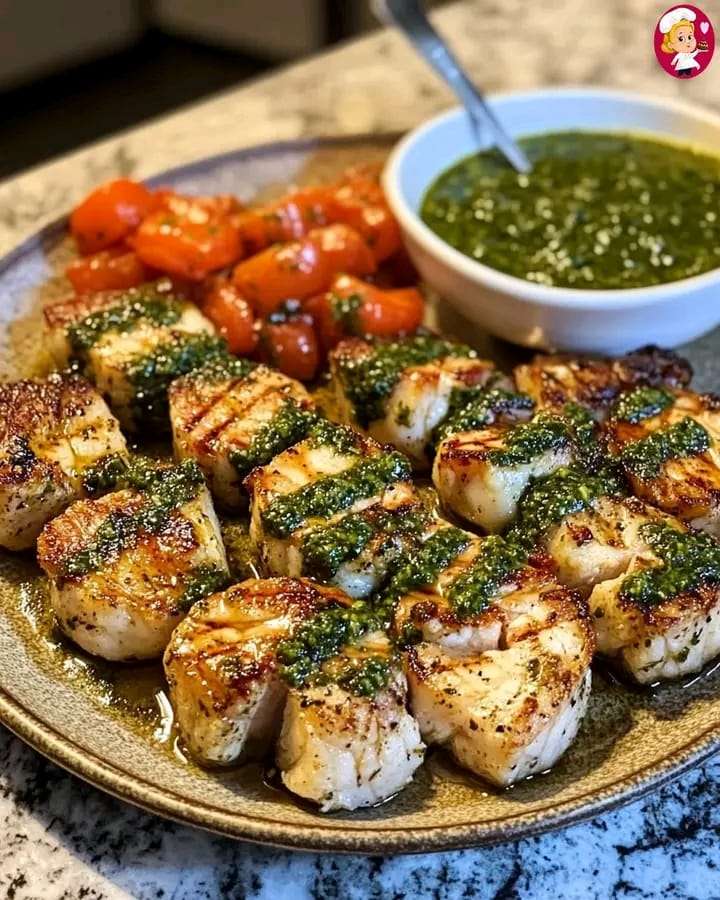 Surf and turf skewers with grilled steak, shrimp, and a vibrant chimichurri sauce served on a platter.