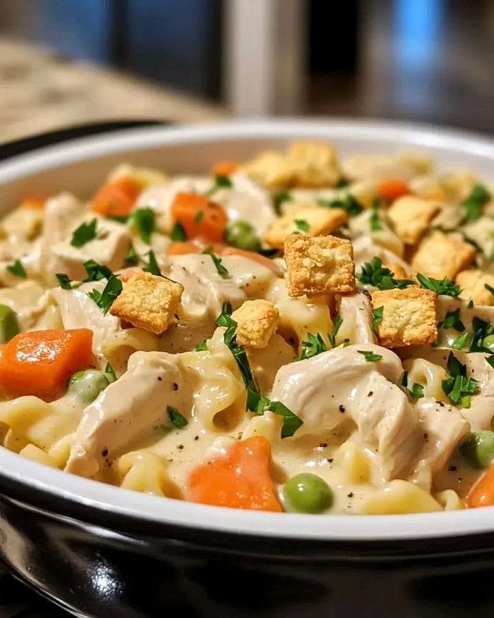 A plate of creamy Chicken Pot Pie Pasta garnished with parsley and crushed crackers.