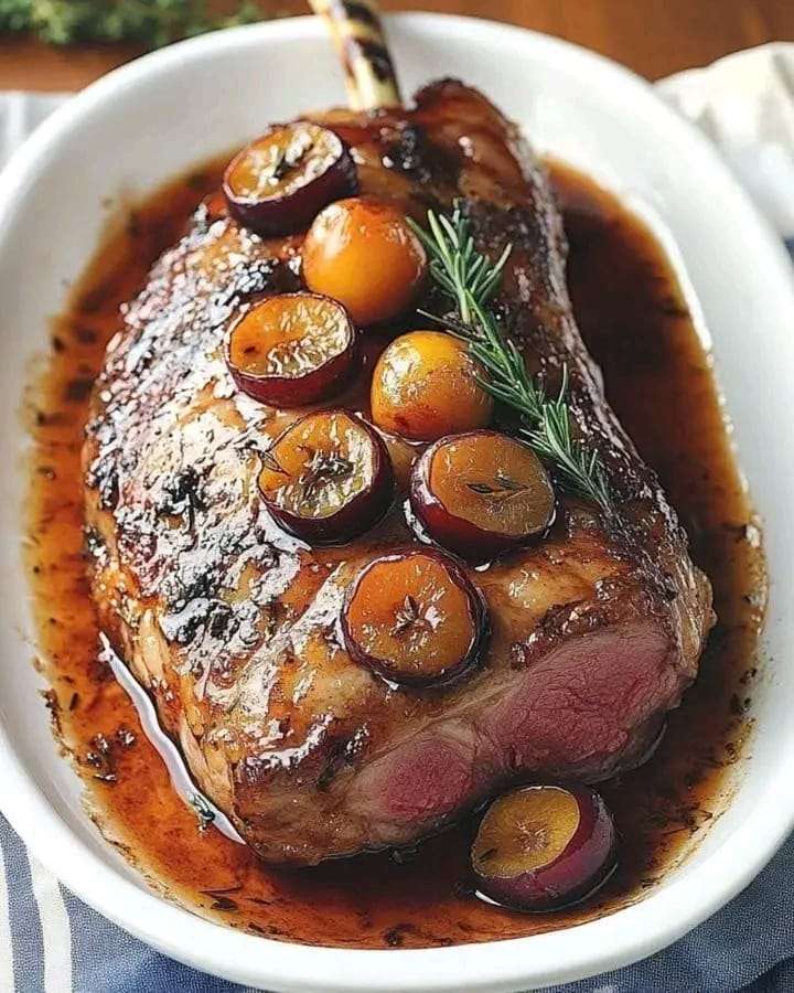 Plum-Glazed Lamb leg roasted to perfection, garnished with rosemary and served with plum sauce.