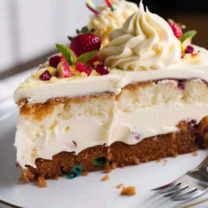 A slice of spiced carrot cake cheesecake fusion, with layers of moist carrot cake and creamy cheesecake, garnished with frosting and a sprinkle of spices.