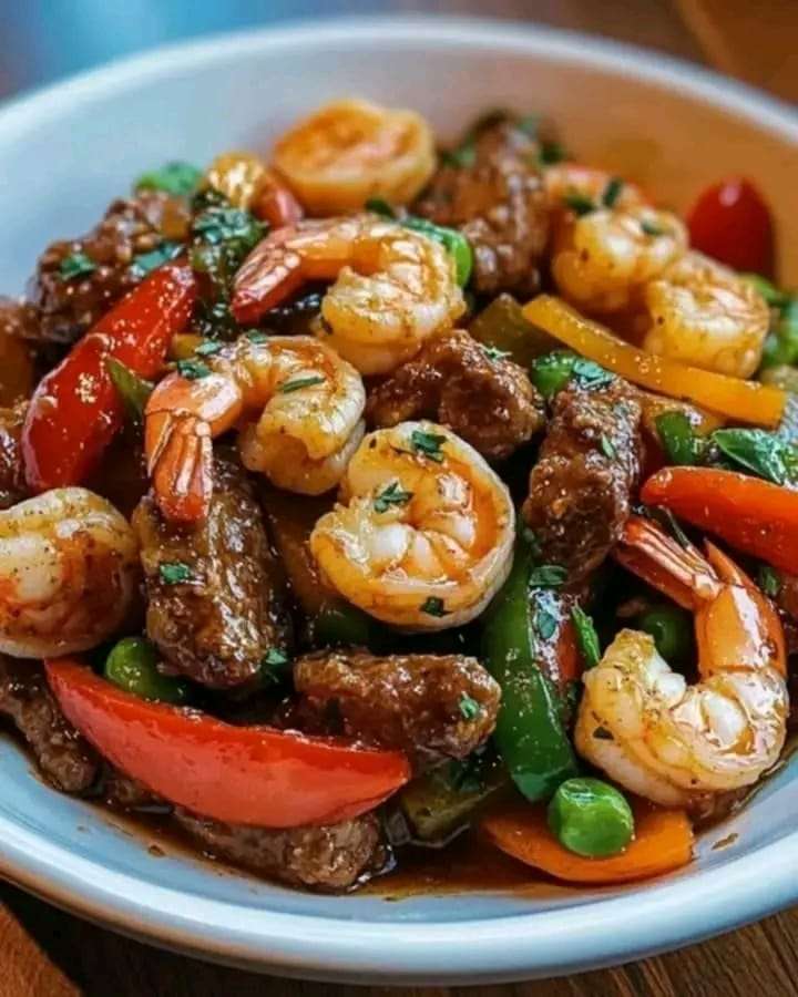 Cajun Beef and Shrimp Stir-Fry with zesty veggies, served over rice.