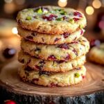 Cranberry Pistachio Shortbread Cookies on a cooling rack, with vibrant red cranberries and green pistachios, ideal for holiday baking or gifting.