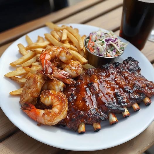 BBQ Ribs & Shrimp Platter with fries and coleslaw