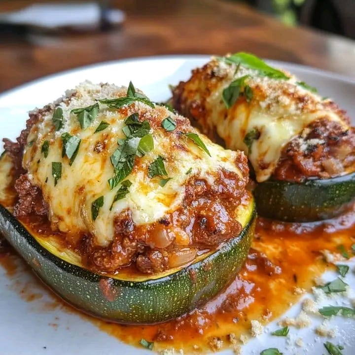 Bolognese-stuffed zucchini boats topped with mozzarella and Parmesan cheese, baked until golden and garnished with fresh parsley.