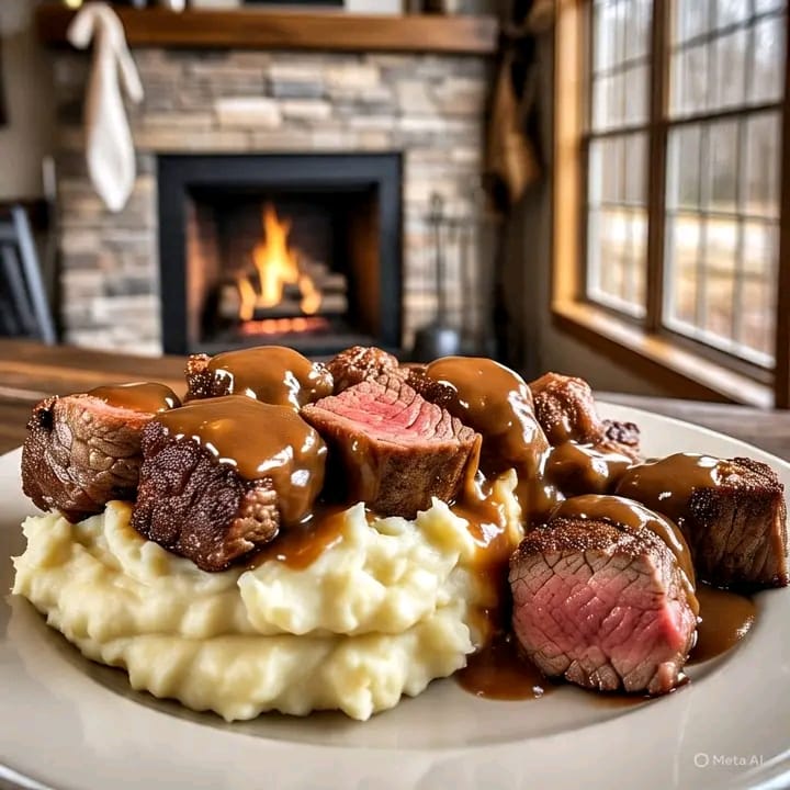 Seared Steak Bites with Brown Gravy & Mashed Potatoes (35-Min Meal!)
