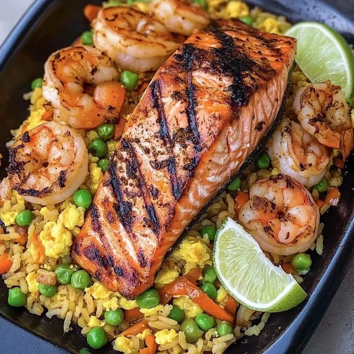 Grilled Salmon and Shrimp with Fried Rice