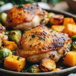 Honey Garlic Roasted Chicken Thighs with Butternut Squash & Brussels Sprouts