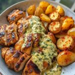Tuscan Garlic Chicken with Crispy Potatoes & Creamy Roasted Red Pepper Pesto Alfredo