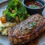 Pan-Seared Steak with Mashed Potatoes & Roasted Broccoli