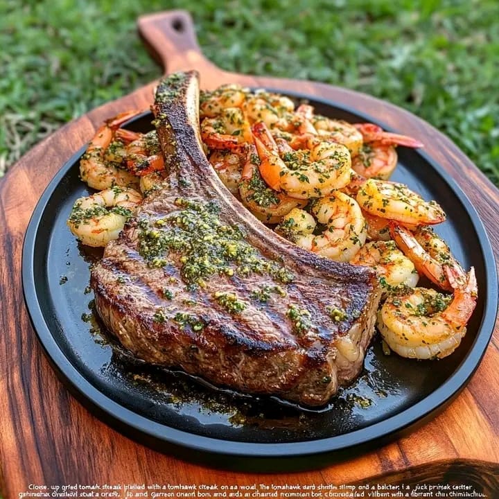Grilled Tomahawk Steak and Garlic Herb Shrimp