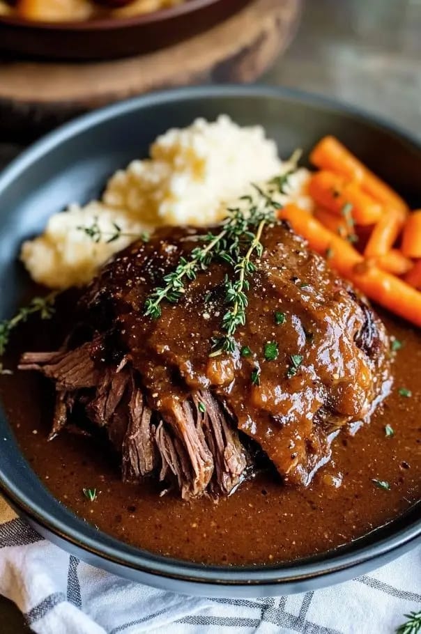 Slow Braised Pot Roast with Garlic Gravy & Herb Mash