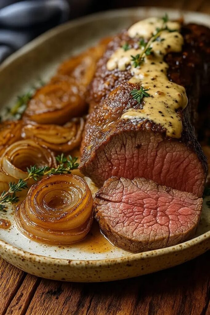 Garlic Herb Beef Tenderloin with Caramelized Onions