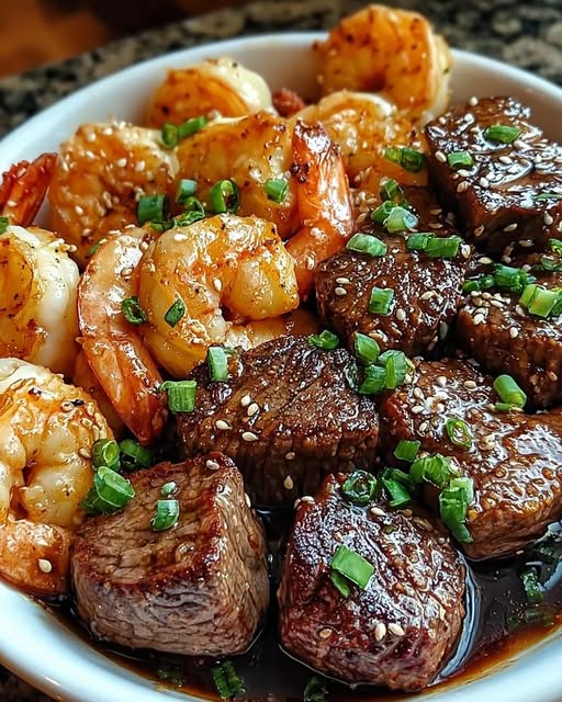 Juicy steak bites and shrimp coated in a glossy butter soy glaze served over rice.