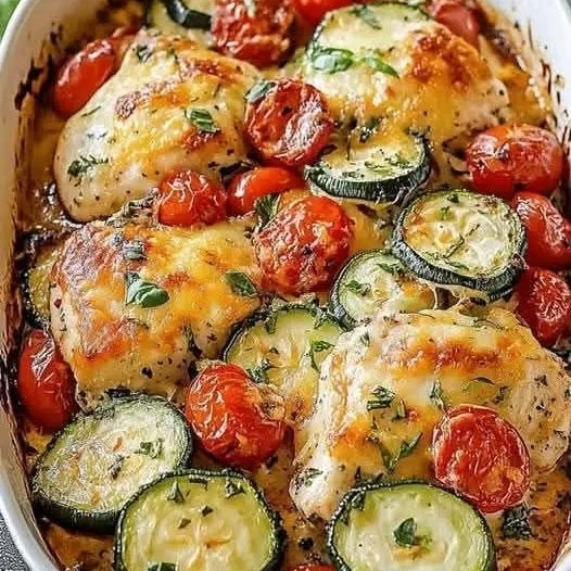 Mediterranean Chicken Zucchini Bake served in a white baking dish with feta and herbs on top.