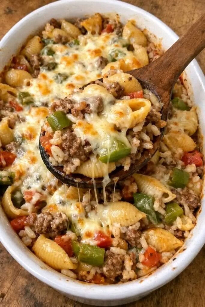 A white ceramic baking dish filled with a cheesy pasta bake featuring ground beef, large pasta shells, green bell peppers, and melted mozzarella.