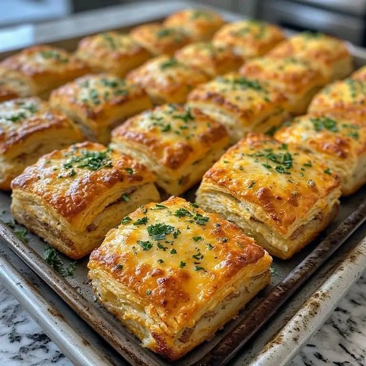 A baking sheet filled with golden-brown, flaky cheese squares topped with melted cheddar and freshly chopped parsley.