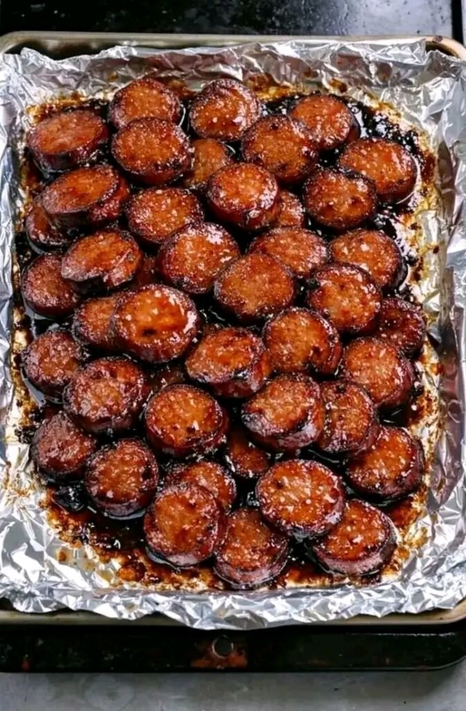 A foil-lined baking sheet piled with golden-brown, caramelized sliced sausage bites glazed in a sticky honey garlic sauce.