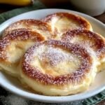 A white plate filled with thick, fluffy golden-brown Japanese soufflé pancakes generously dusted with powdered sugar.