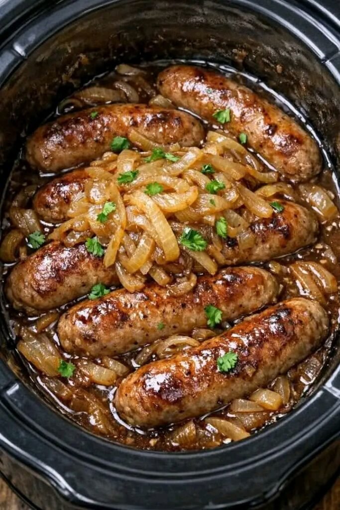 Plump, golden-brown sausages smothered in a mountain of caramelized onions and rich savory gravy inside a black crockpot slow cooker, garnished with fresh parsley.
